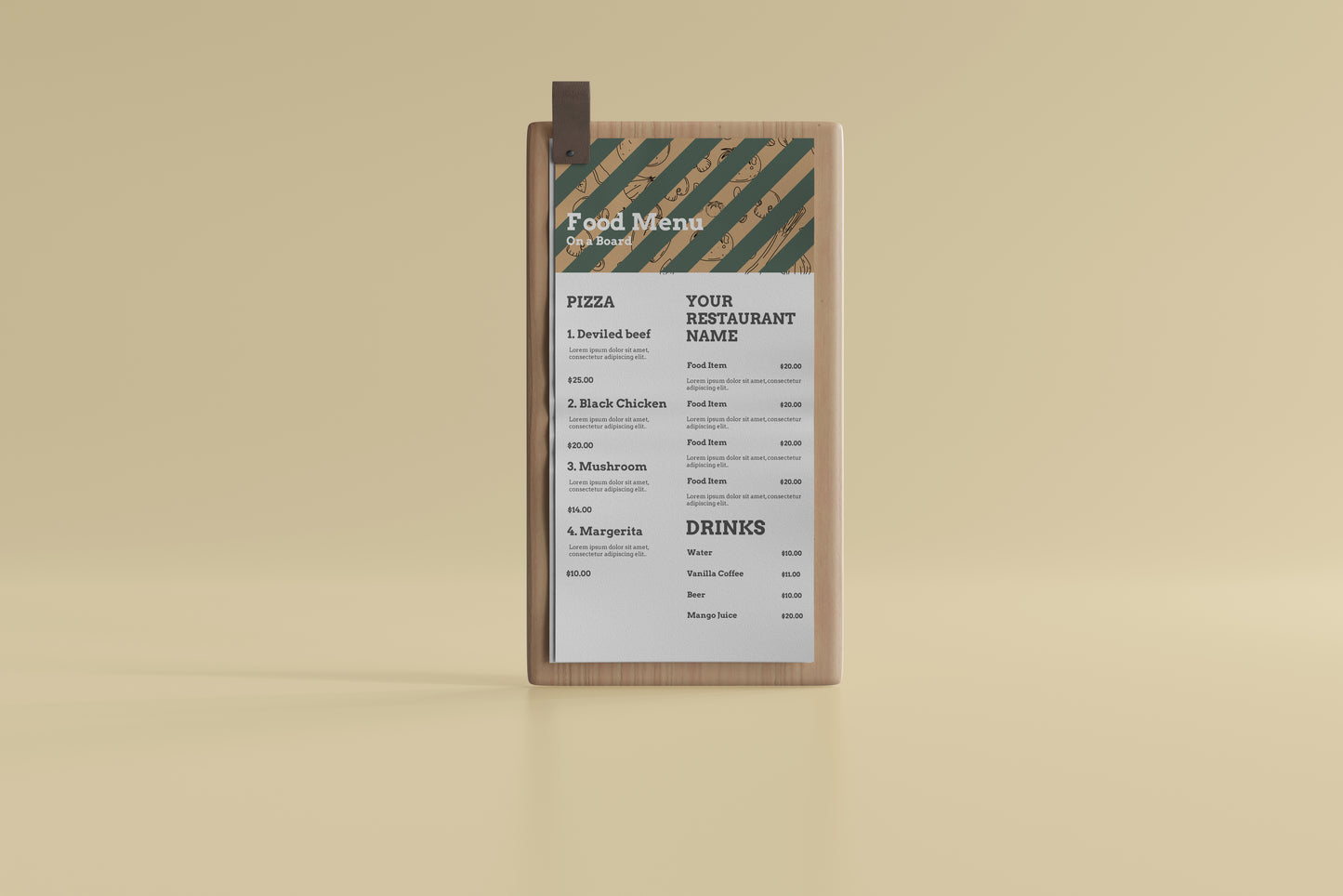 DL Food Menu on a Wooden Board Mockups