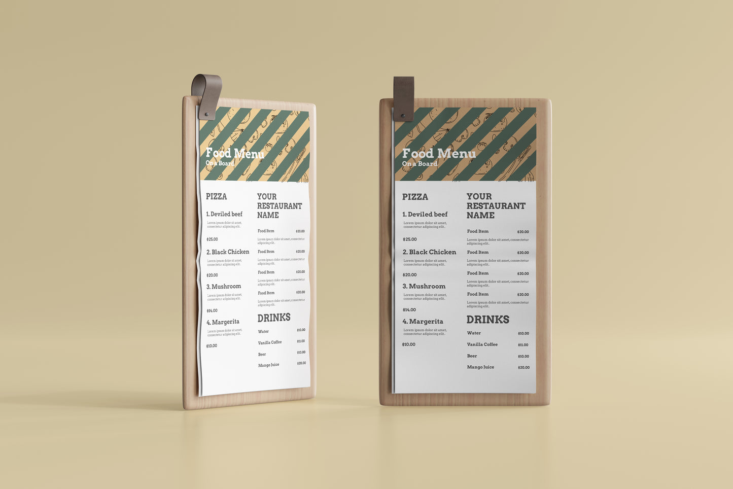 DL Food Menu on a Wooden Board Mockups