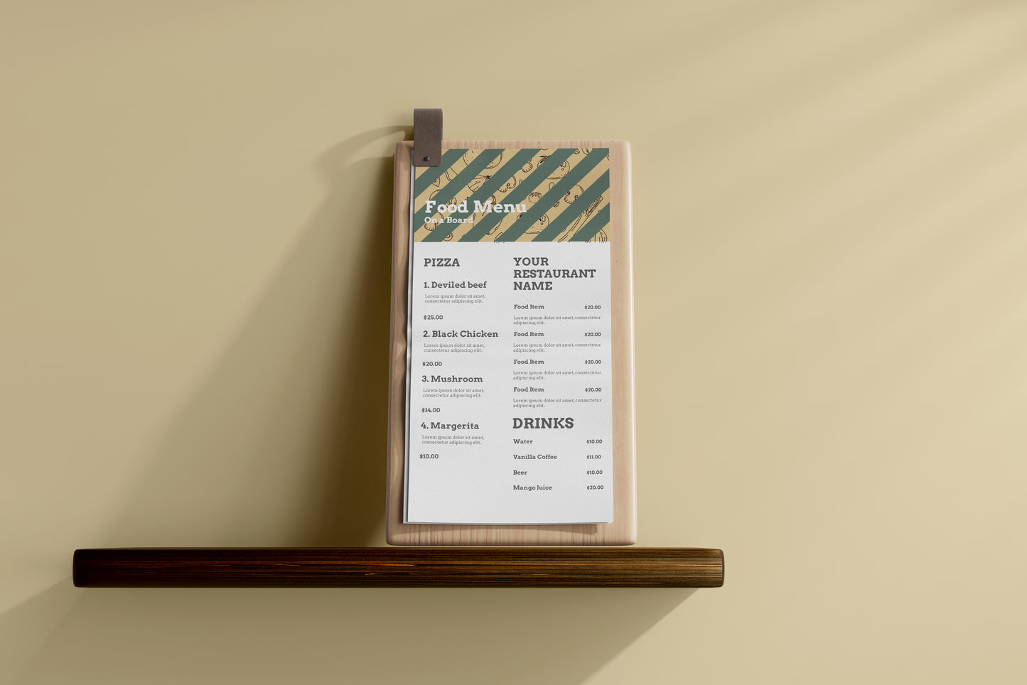 DL Food Menu on a Wooden Board Mockups