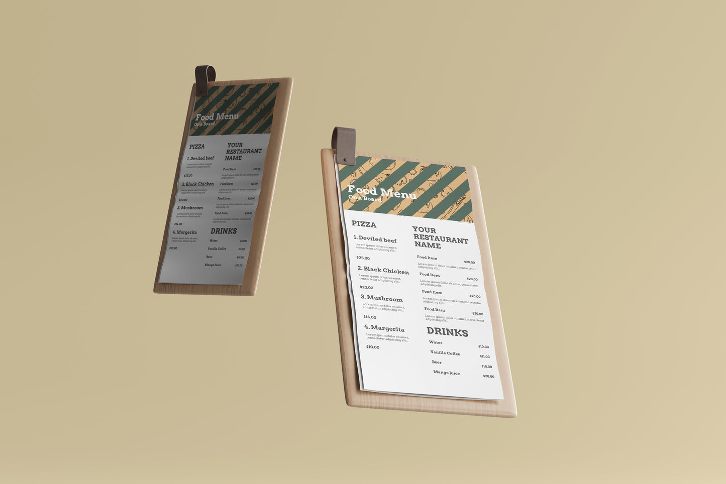 DL Food Menu on a Wooden Board Mockups