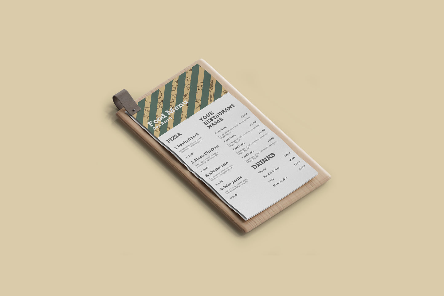 DL Food Menu on a Wooden Board Mockups