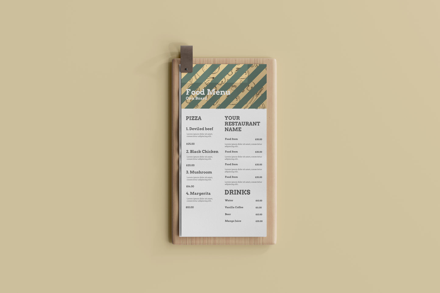 DL Food Menu on a Wooden Board Mockups