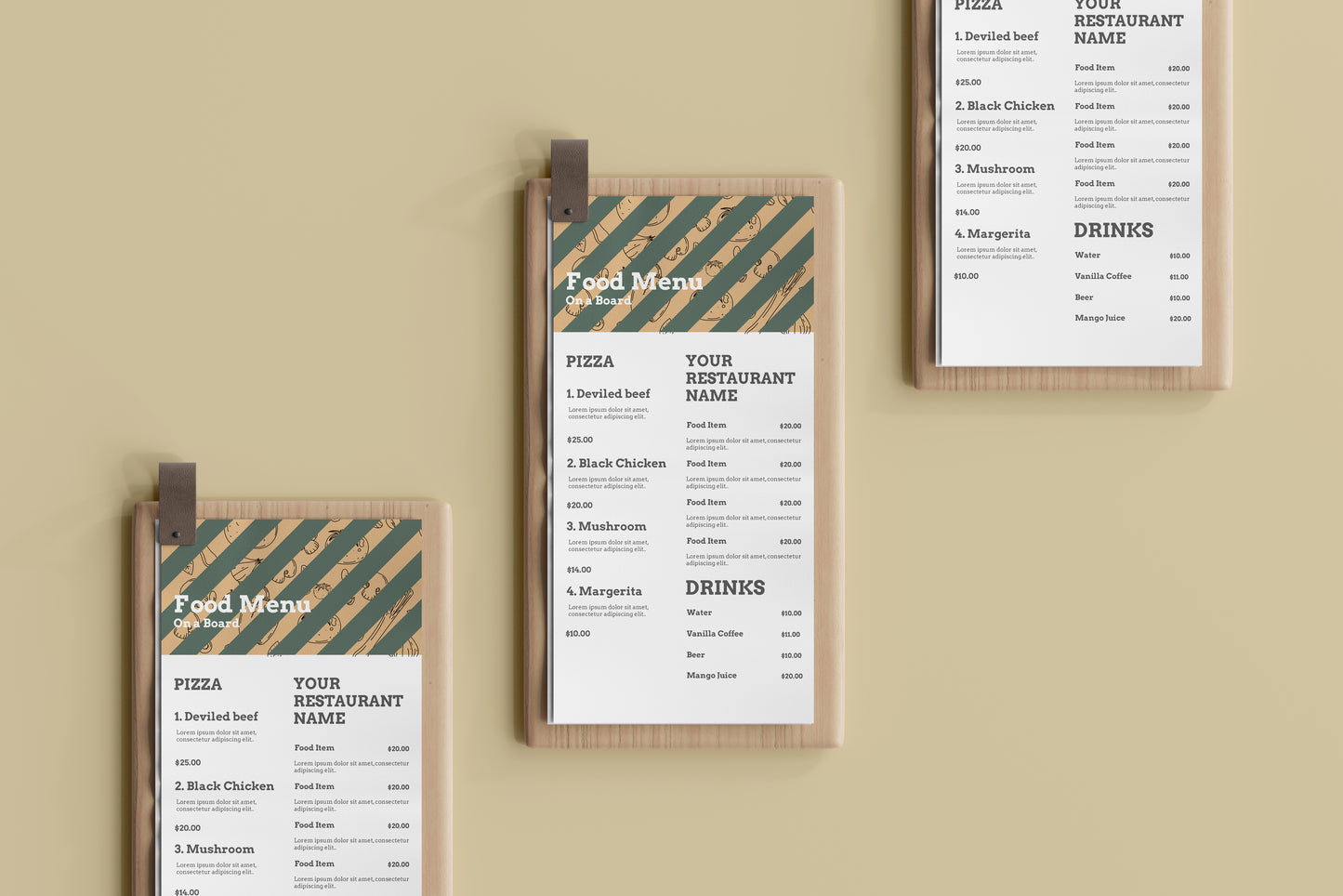 DL Food Menu on a Wooden Board Mockups