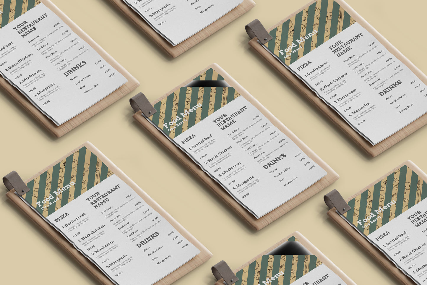 DL Food Menu on a Wooden Board Mockups