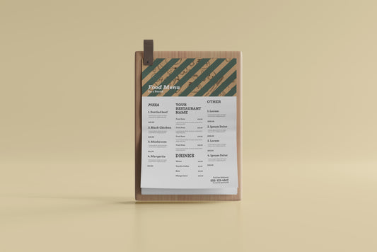 A4 Food Menu on a Wooden Board Mockups