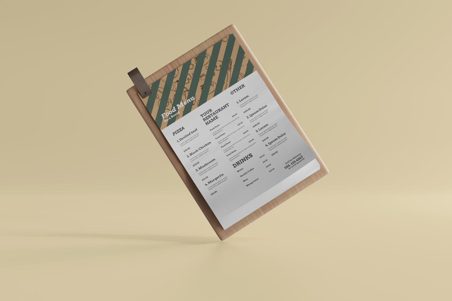 A4 Food Menu on a Wooden Board Mockups