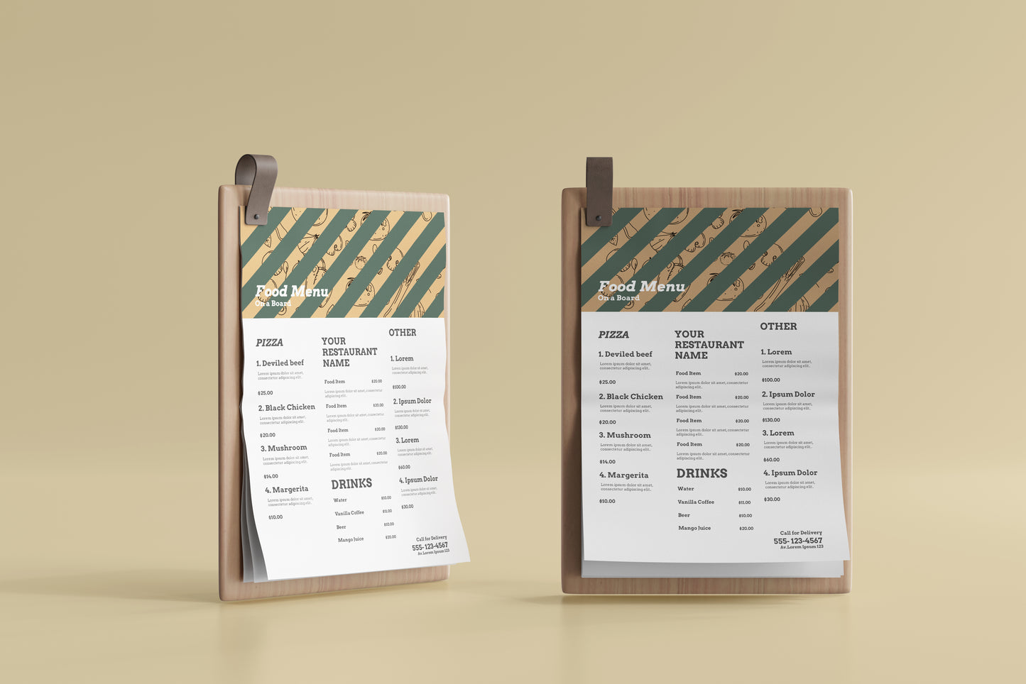 A4 Food Menu on a Wooden Board Mockups