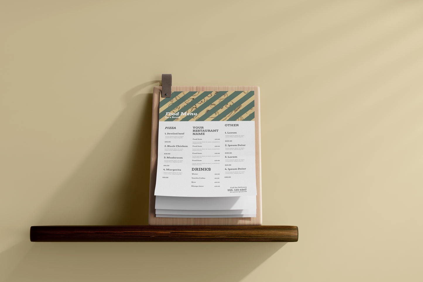 A4 Food Menu on a Wooden Board Mockups