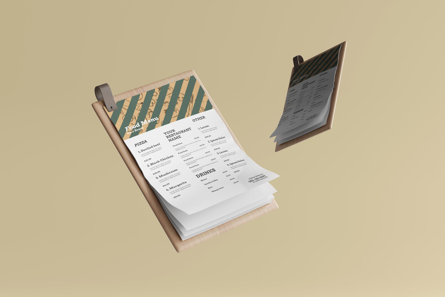 A4 Food Menu on a Wooden Board Mockups