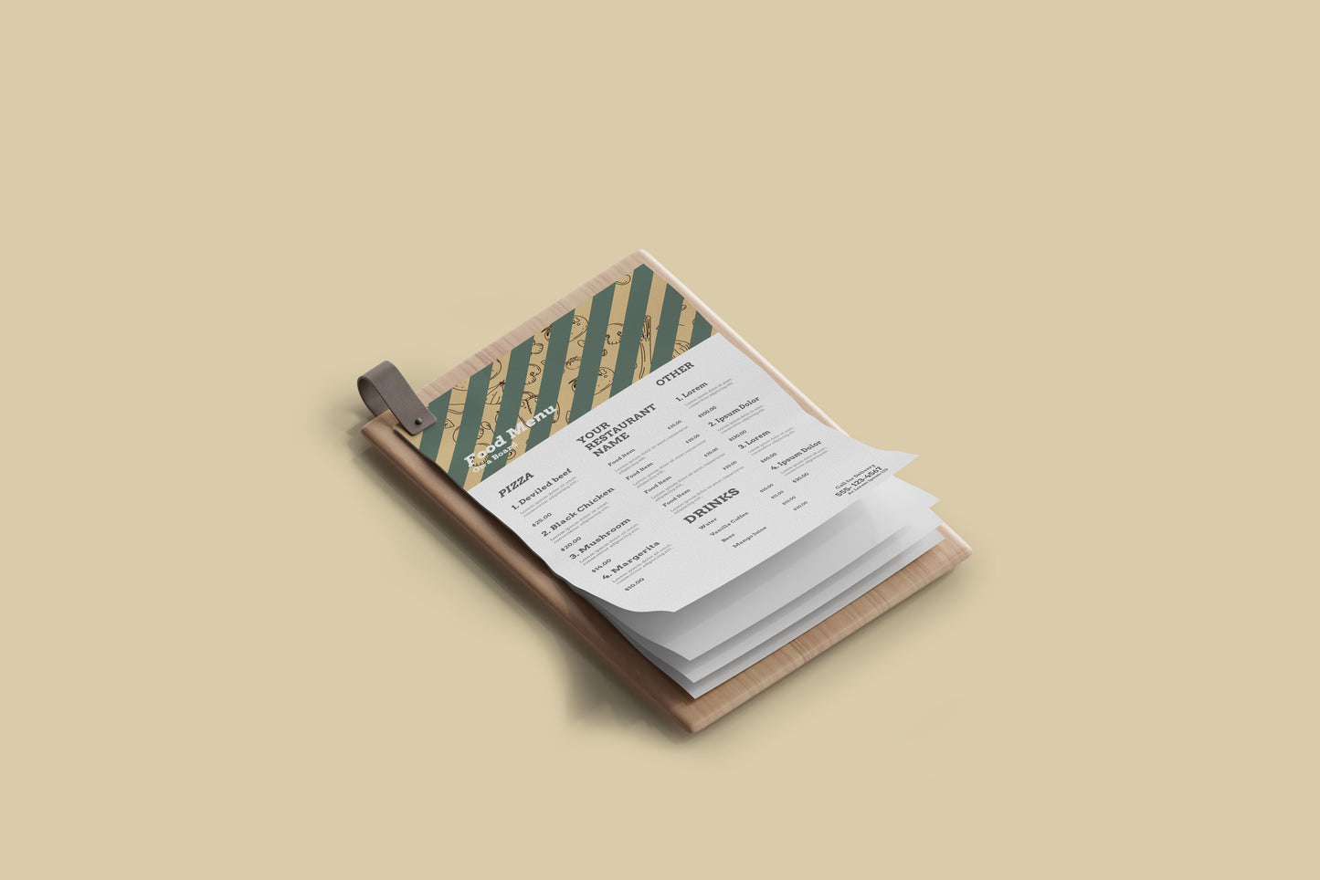 A4 Food Menu on a Wooden Board Mockups