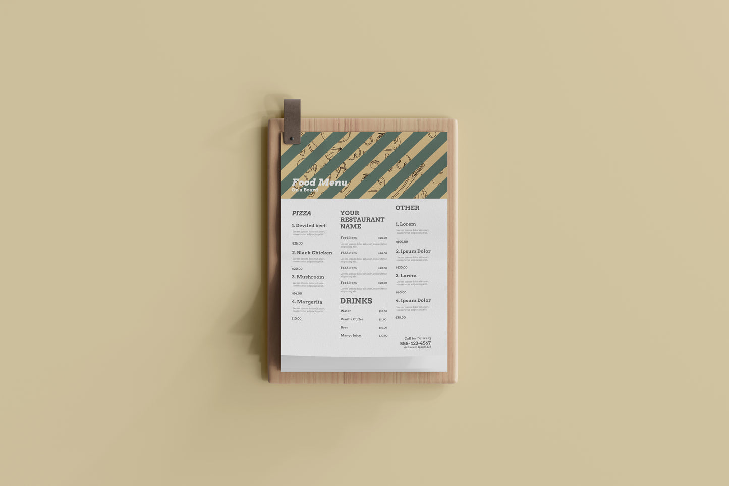 A4 Food Menu on a Wooden Board Mockups