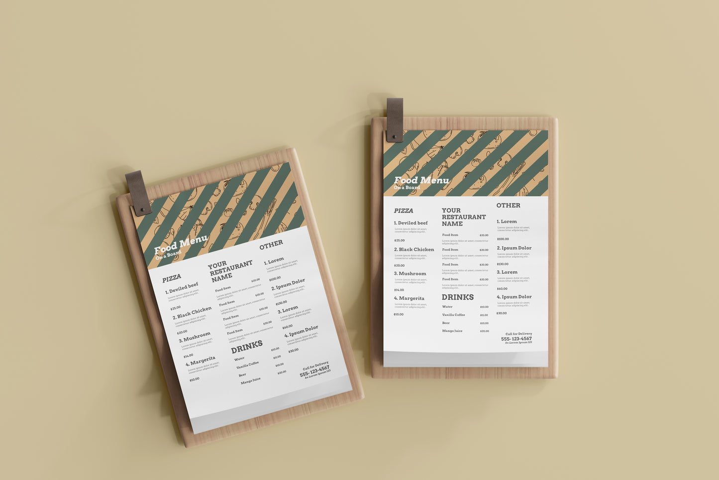 A4 Food Menu on a Wooden Board Mockups