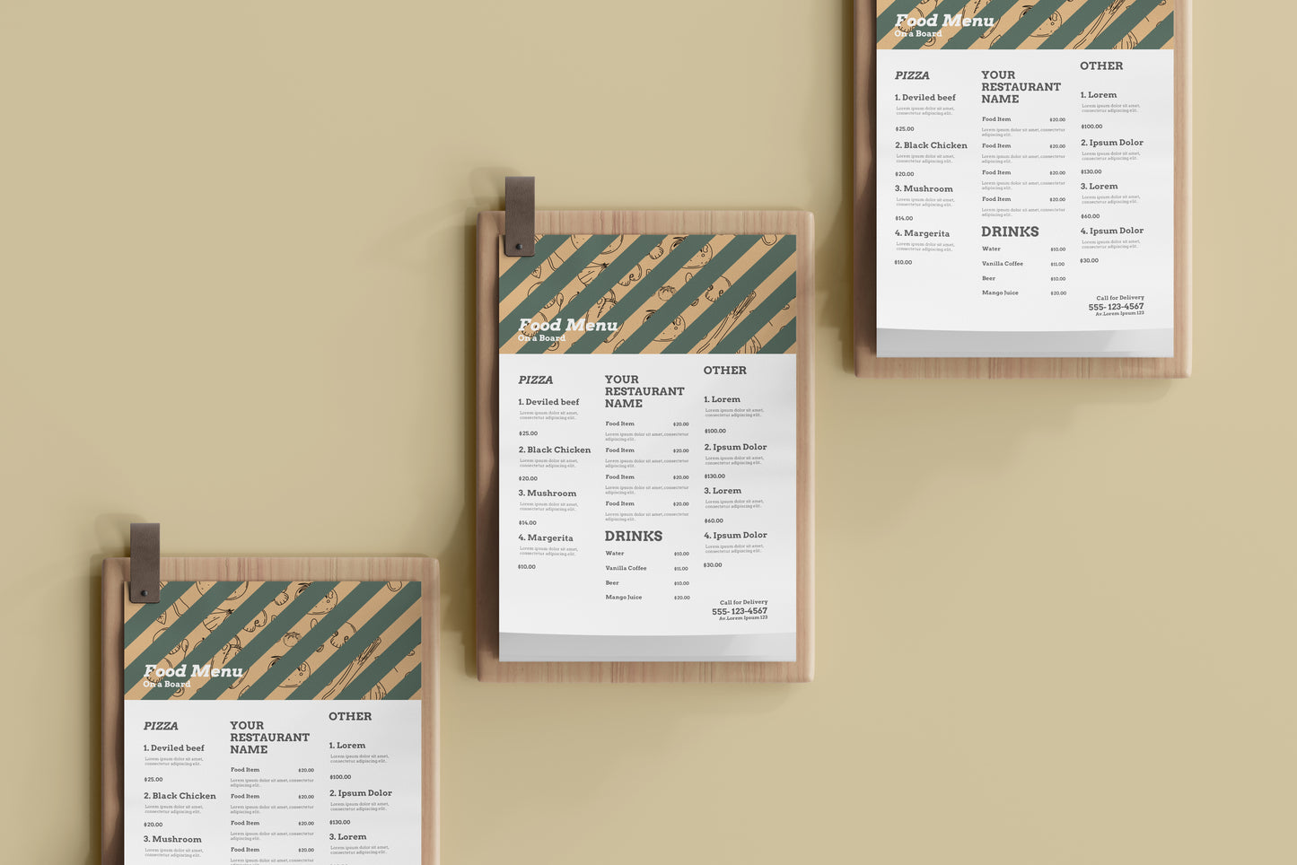 A4 Food Menu on a Wooden Board Mockups