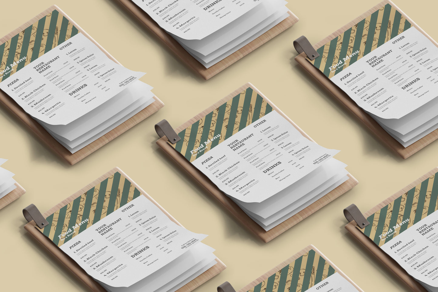 A4 Food Menu on a Wooden Board Mockups