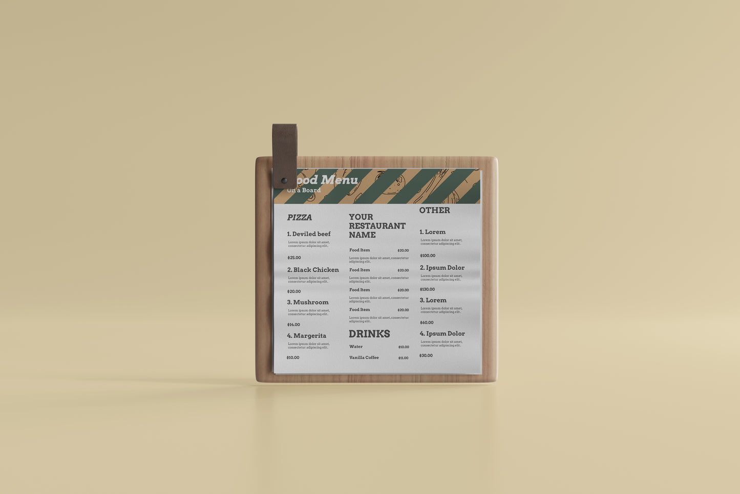 Square Food Menu on a Wooden Board Mockups