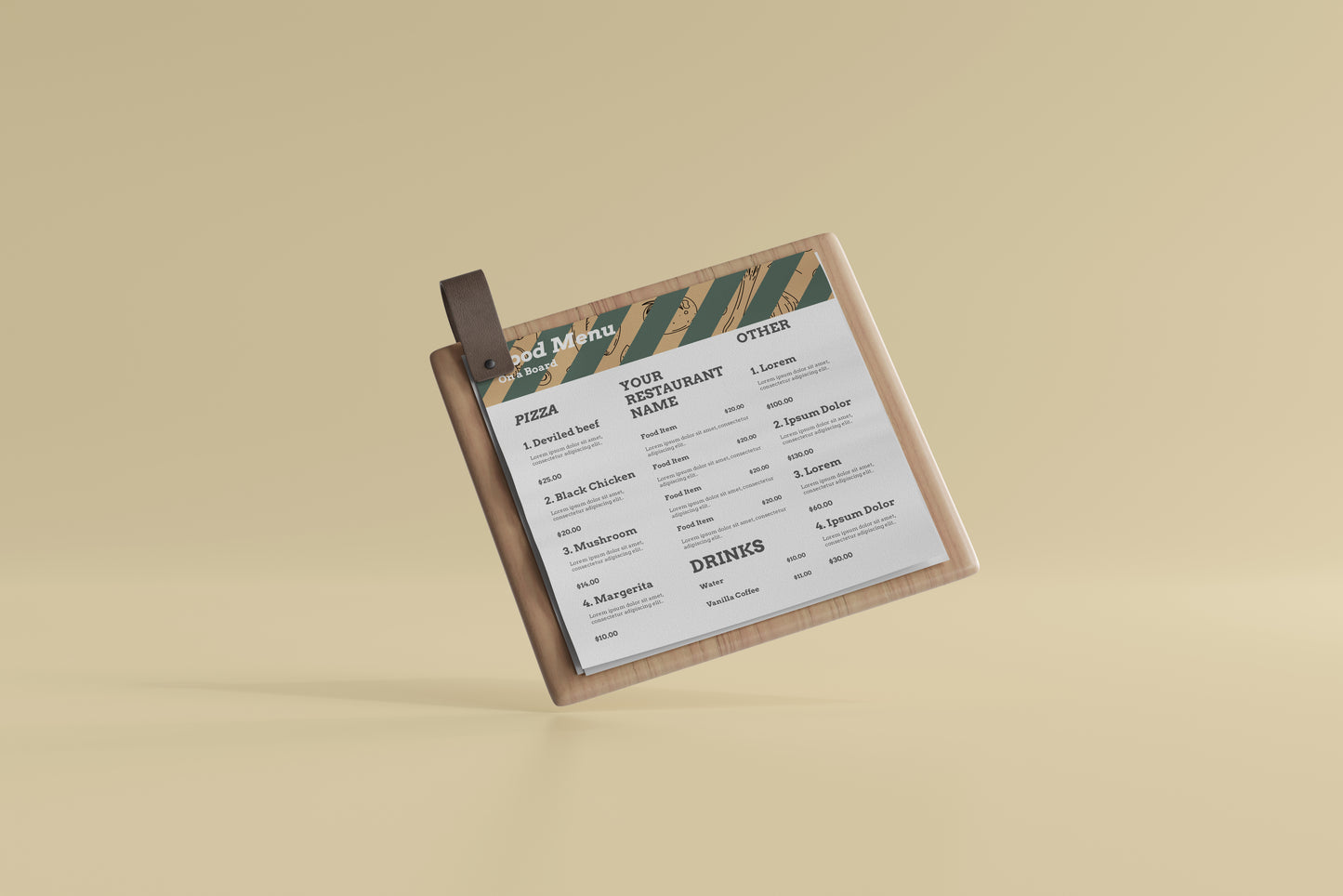 Square Food Menu on a Wooden Board Mockups