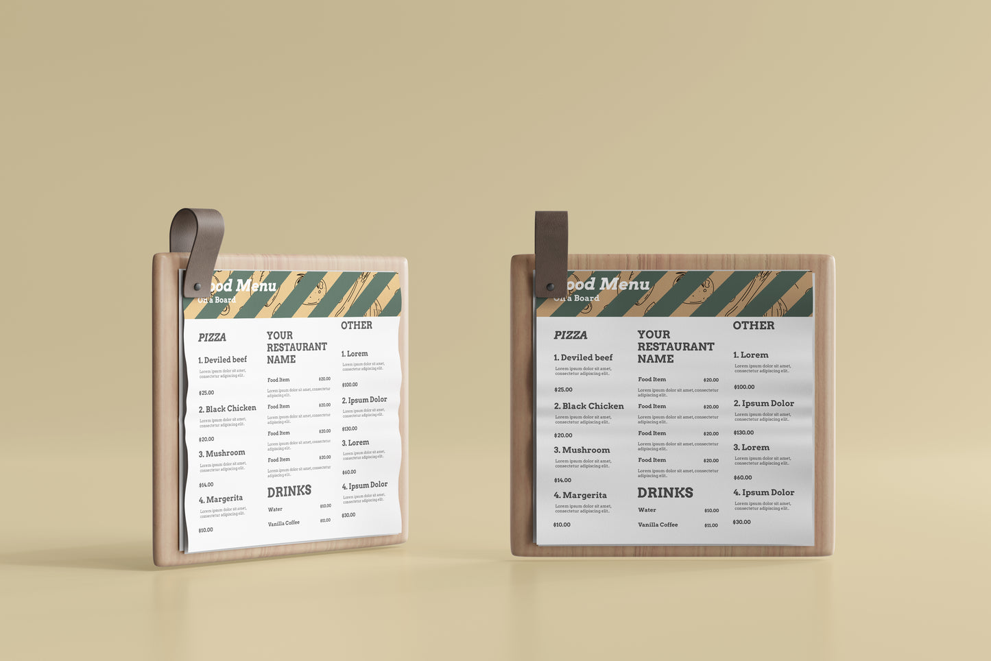 Square Food Menu on a Wooden Board Mockups