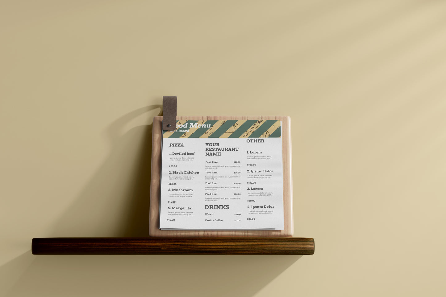 Square Food Menu on a Wooden Board Mockups