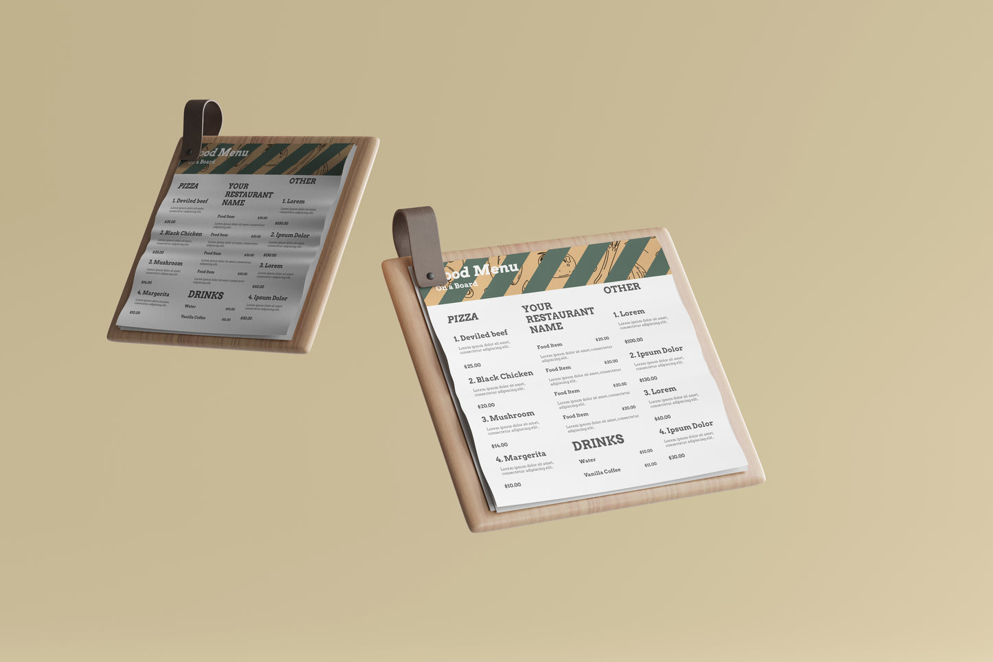 Square Food Menu on a Wooden Board Mockups