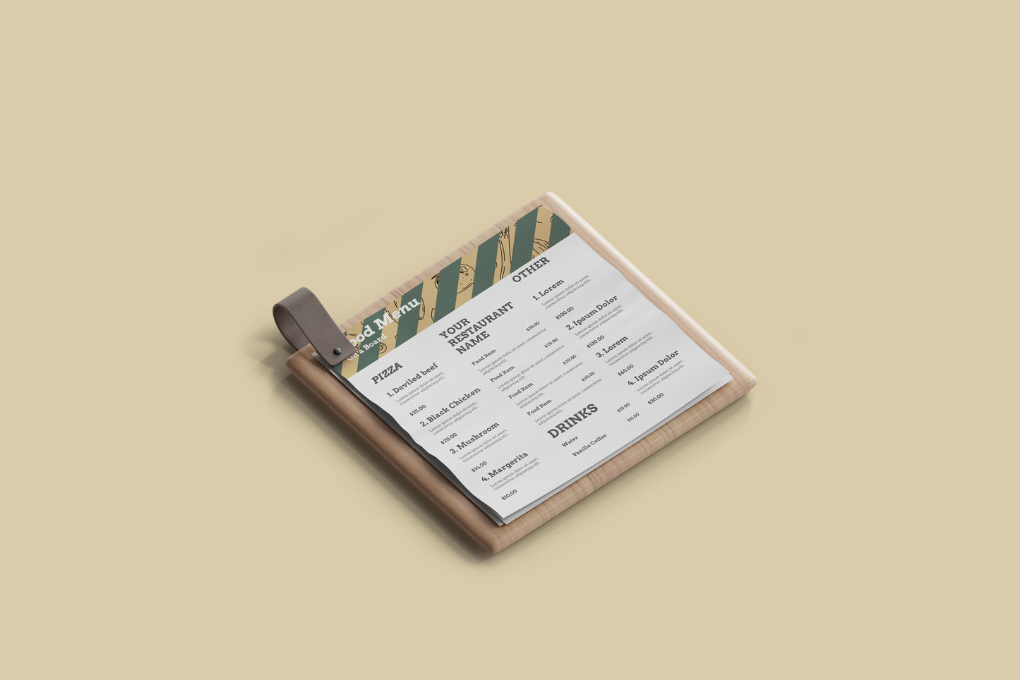 Square Food Menu on a Wooden Board Mockups