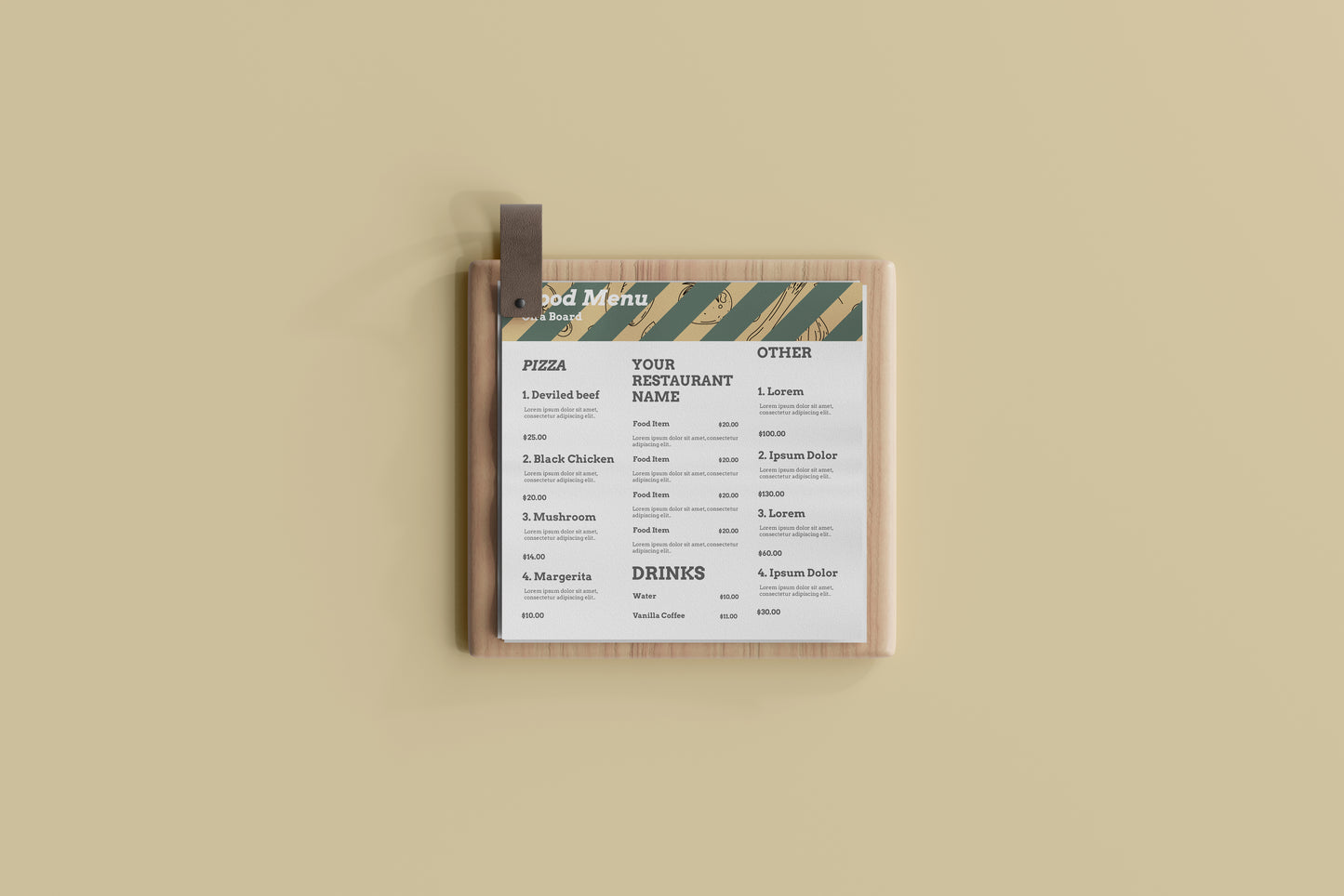 Square Food Menu on a Wooden Board Mockups