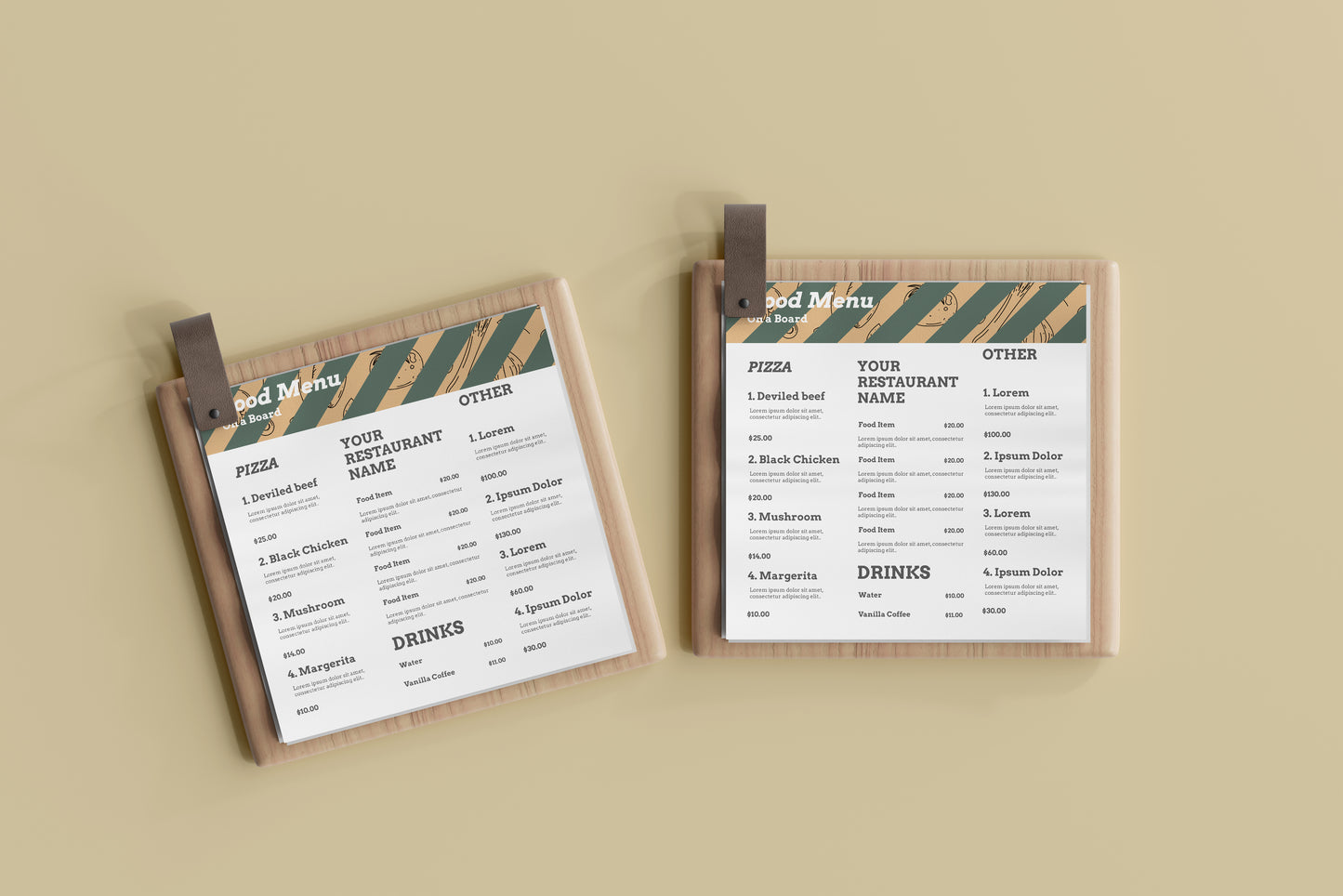 Square Food Menu on a Wooden Board Mockups