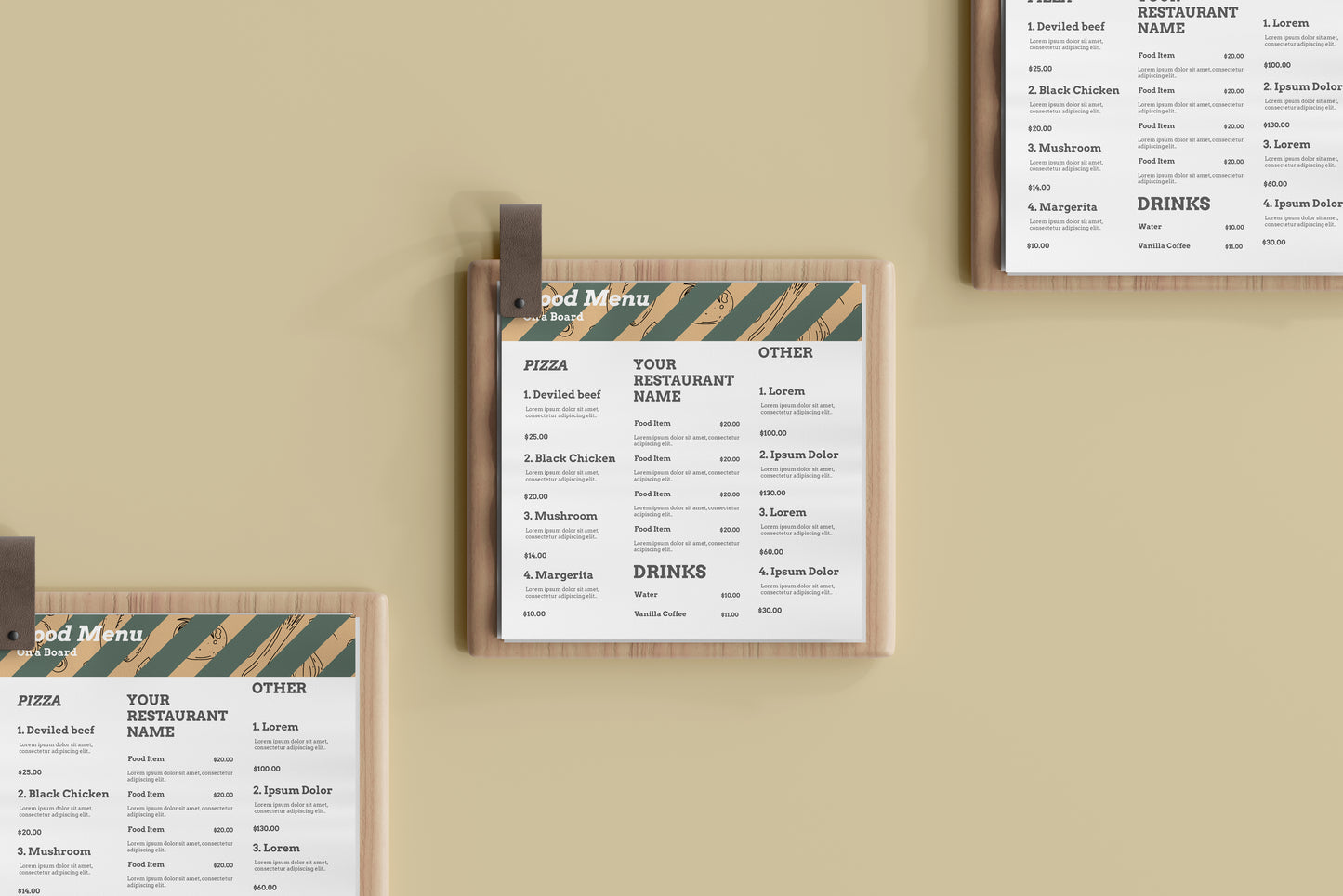 Square Food Menu on a Wooden Board Mockups