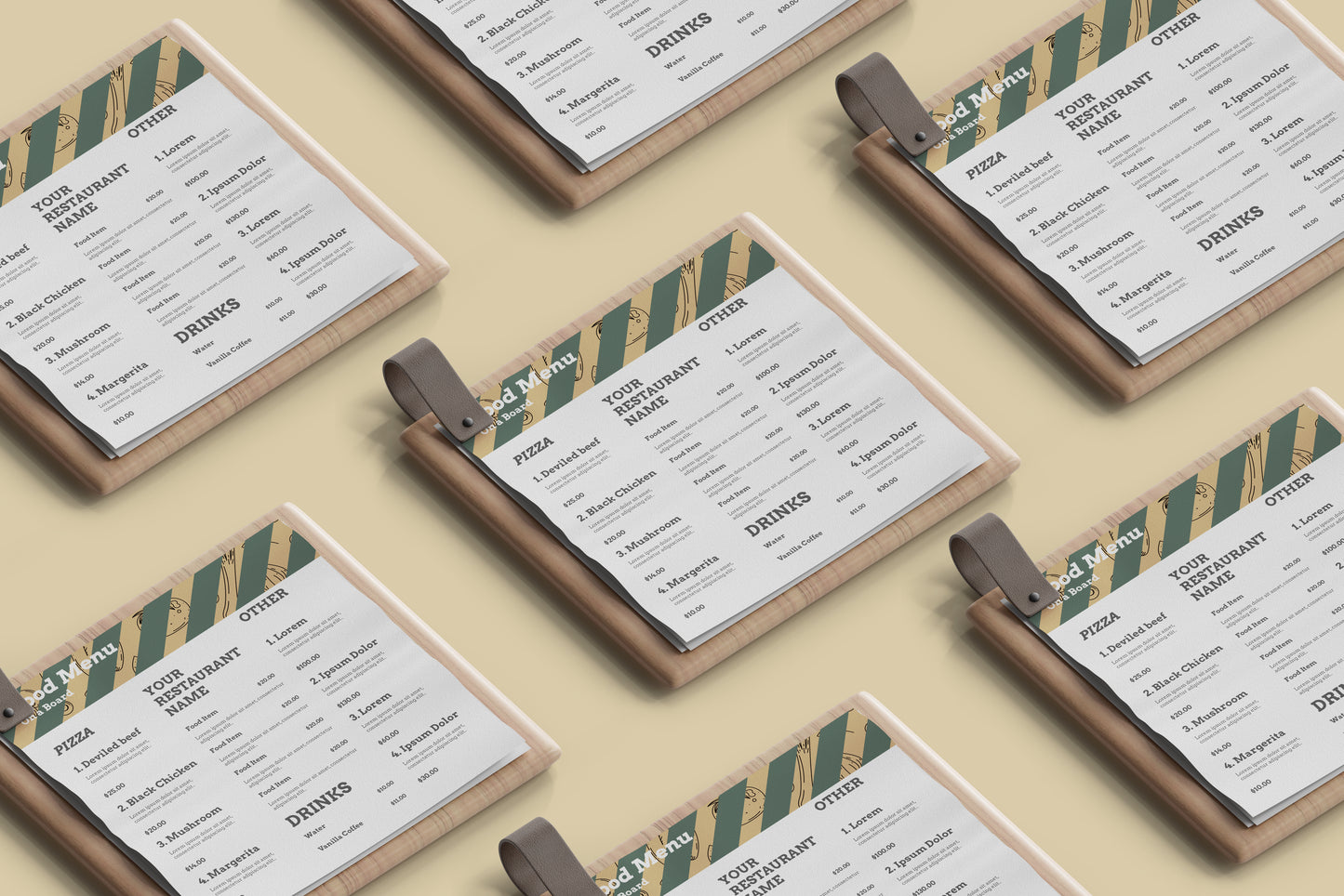 Square Food Menu on a Wooden Board Mockups